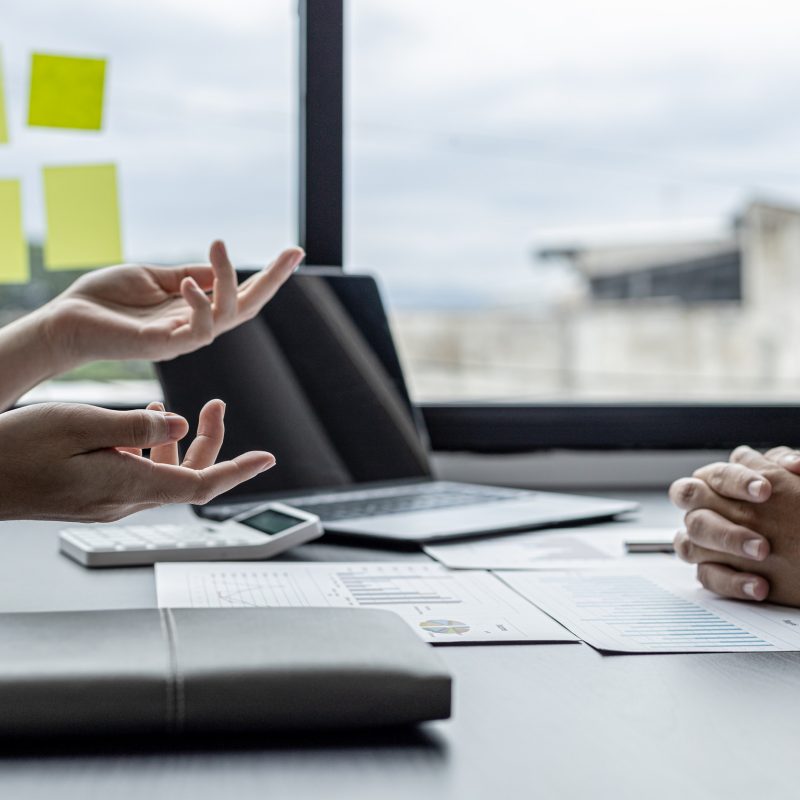 Sales manager was explaining the sales volume and the sales problem to the management, the executive called the sales manager to meet to discuss the problem of falling sales. Sales management concept.